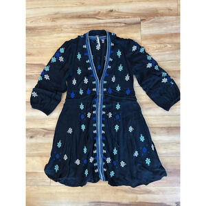 Free People Star Gazer Embroidered V-Neck Mini Dress Black Blue XS